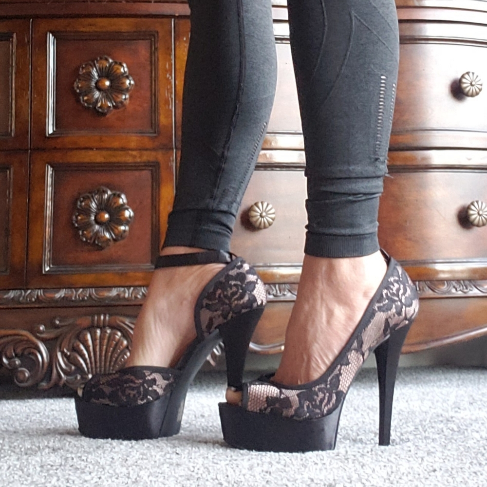 Chinese Laundry  Black Lace and Nude Platform Heels... gives appearance of sheer
